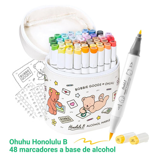 Ohuhu x Bobbie Goods Honolulu B: Set de 48 marcadores de alcohol doble punta + 1 blender (Punta pincel + fina) - EDICIÓN LIMITADA