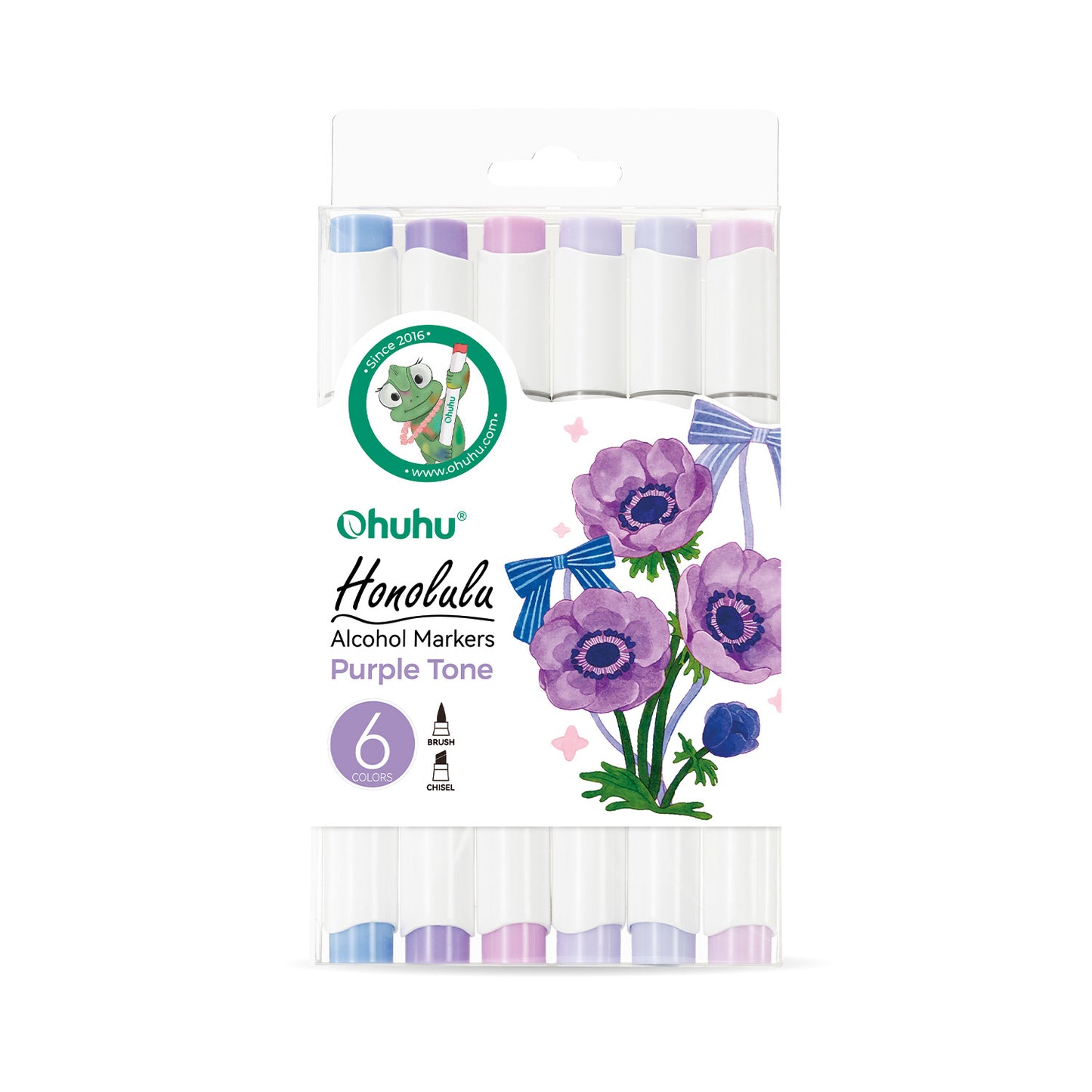 Ohuhu Honolulu: Set de 6 marcadores de alcohol doble punta tonos violeta (Punta pincel + biselada)