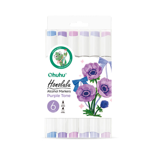 Ohuhu Honolulu: Set de 6 marcadores de alcohol doble punta tonos violeta (Punta pincel + biselada)