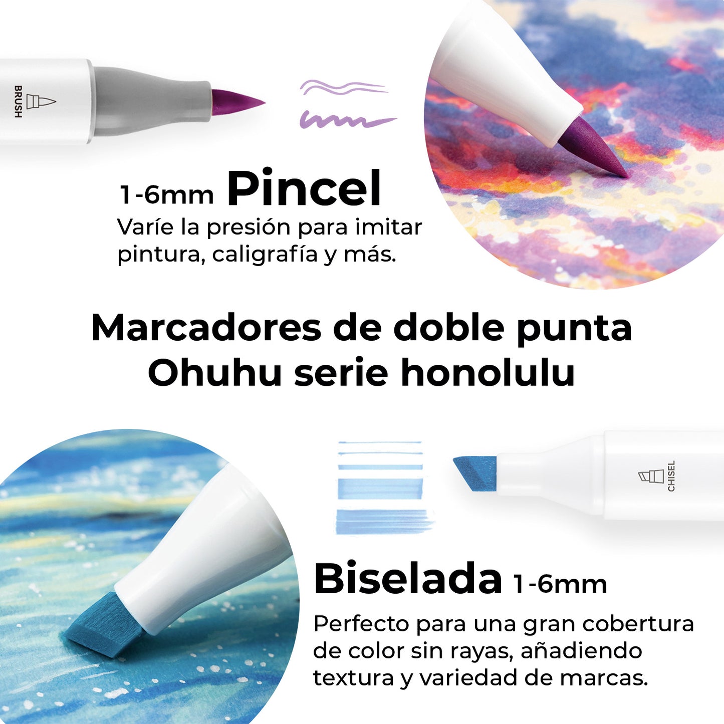 Ohuhu Honolulu: Set de 6 marcadores de alcohol doble punta tonos violeta (Punta pincel + biselada)