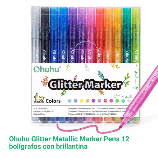 Ohuhu Glitter Metallic Marker Pens: Set de 12 colores con brillantina punta fina