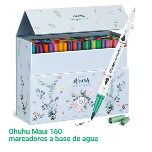 Ohuhu Maui: Set de 160 marcadores base de agua doble punta colores básicos (Punta pincel y extra fina)