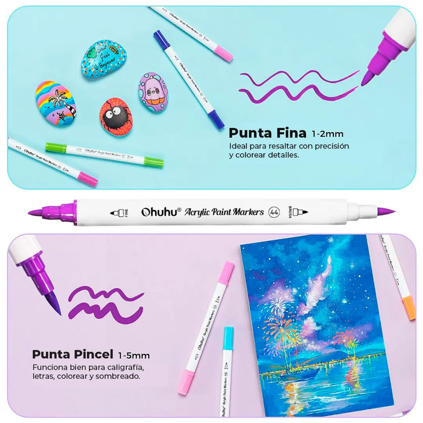 Ohuhu Acrylic Paint: Set de 36 marcadores de acrílicos doble punta (punta pincel y fina)