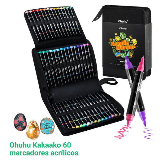 Ohuhu Kakaako: Set de 60 marcadores de acrílico doble punta colores básicos, neones y metálicos (punta fina y redonda)