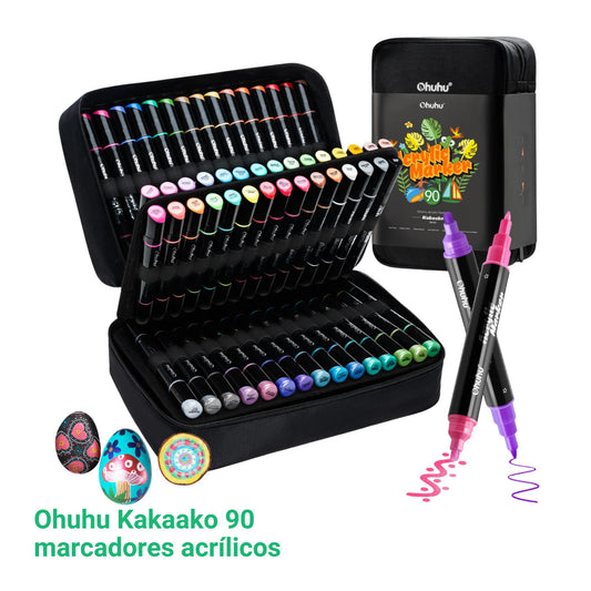 Ohuhu Kakaako: Set de 90 marcadores de acrílico doble punta colores básicos, neones y metálicos (punta fina y redonda)