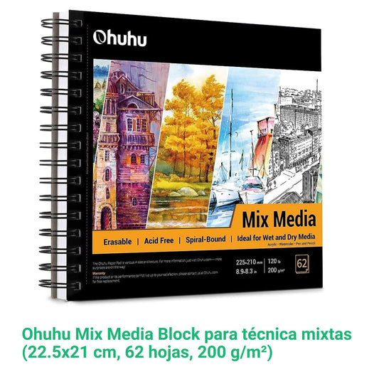 Ohuhu Mix Media Block para técnicas mixtas (22.5x21 cm, 62 hojas, 200 g/m²)